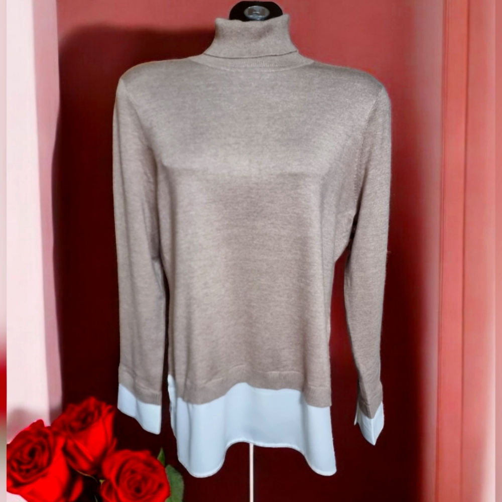 Adrianna Papell "Layered" Elegant Tan & White Turtleneck Sweater